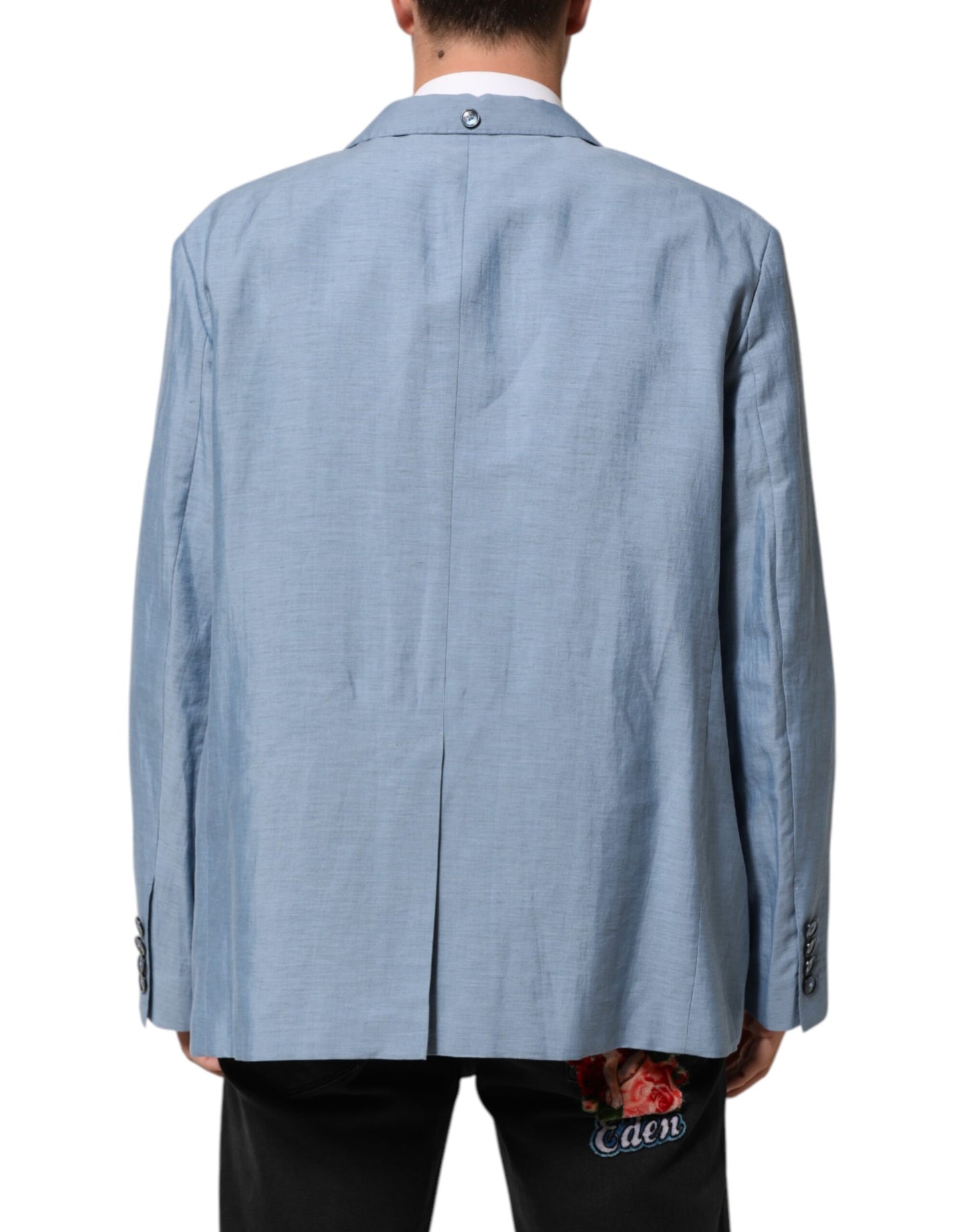 Light Blue Linen Double Breasted Men Jacket Blazer