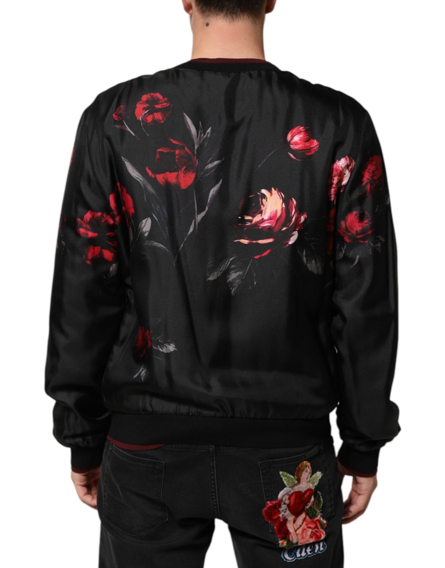 Black Red Floral Silk Bomber Blouson Jacket