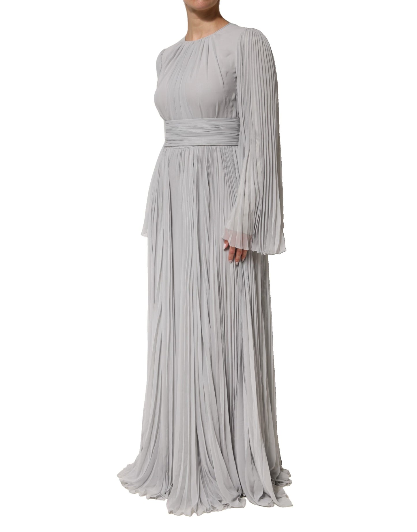 Grey Pleated Maxi Long Sleeve Silk Blend Gown Dress