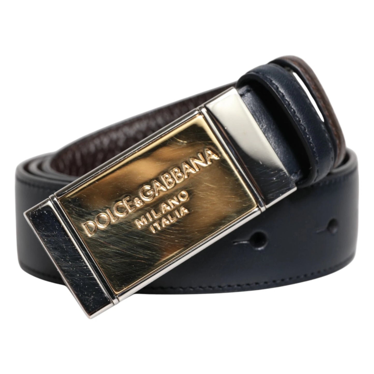 Blue Brown Leather Buckle Reversible Belt