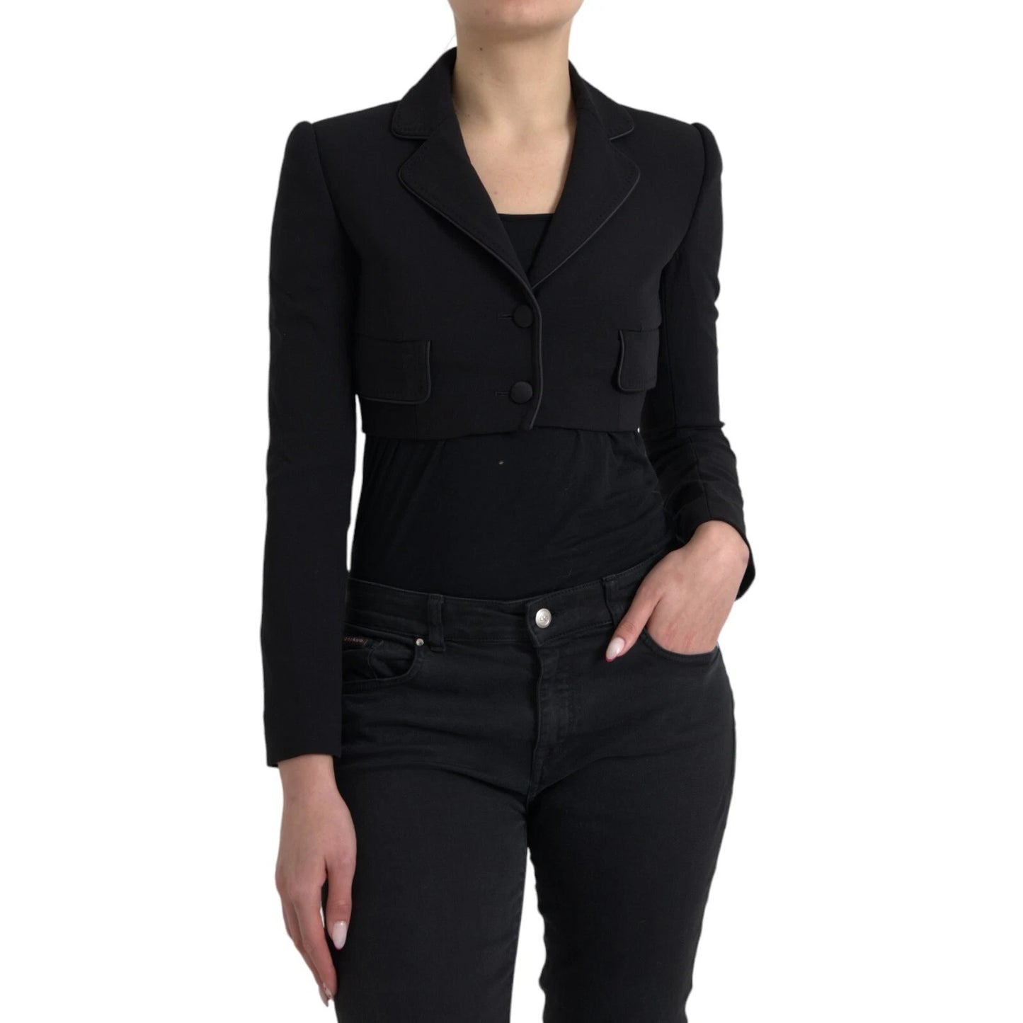 Black Wool Single Breasted Cropped Jacket