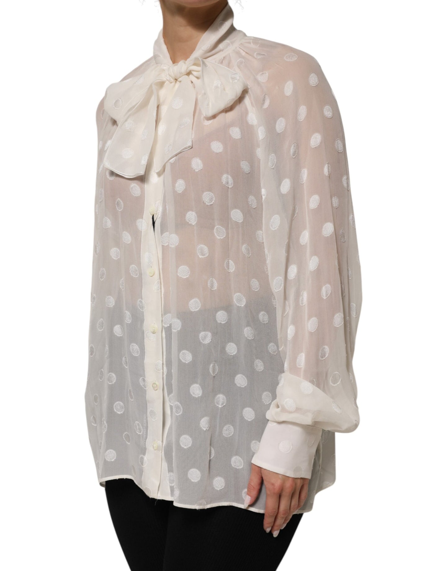 White Polka Sheer Silk Bow Tie Shirt Blouse Top