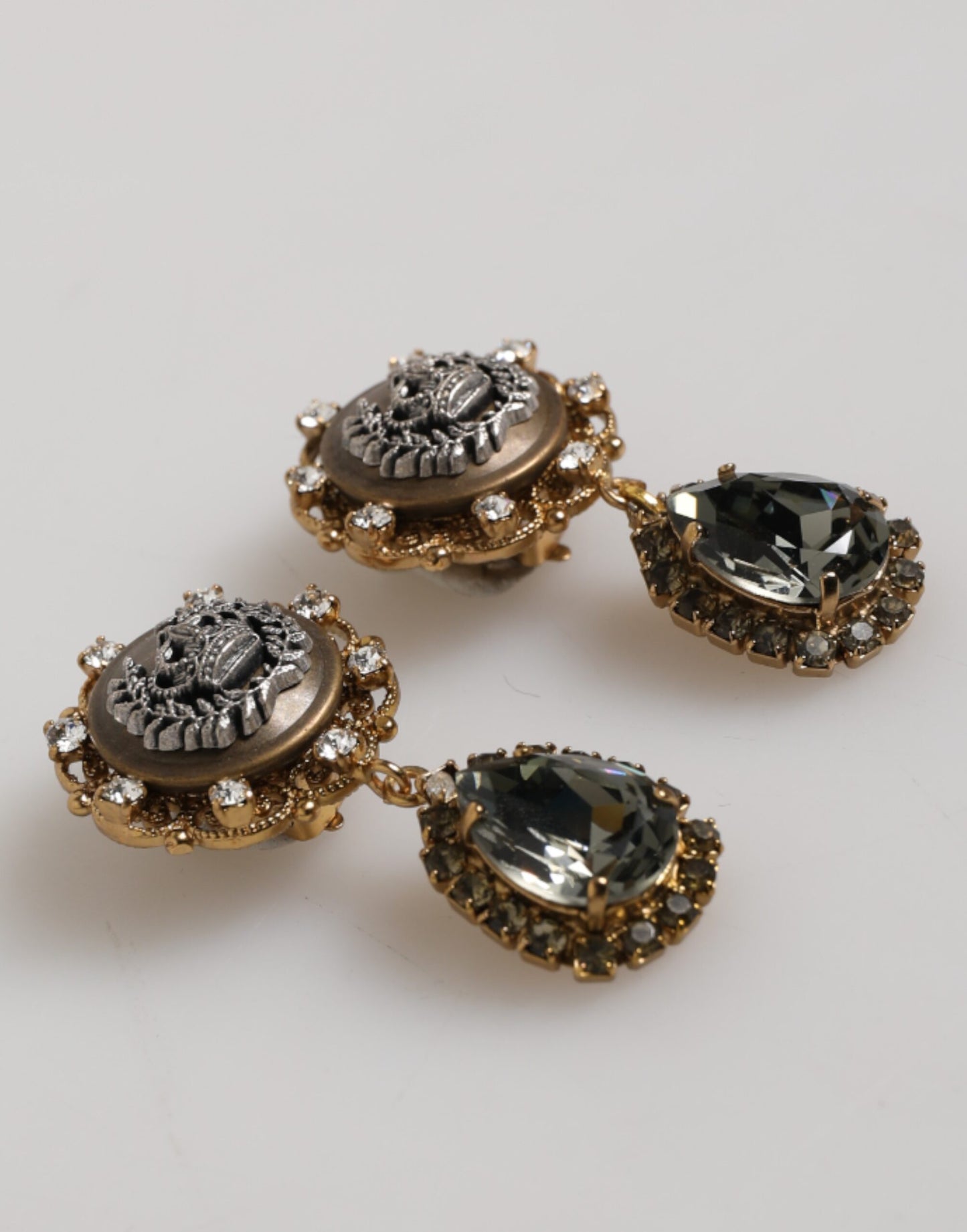 Gold Brass Crown Medallion Black Crystal Drop Clip On Earrings