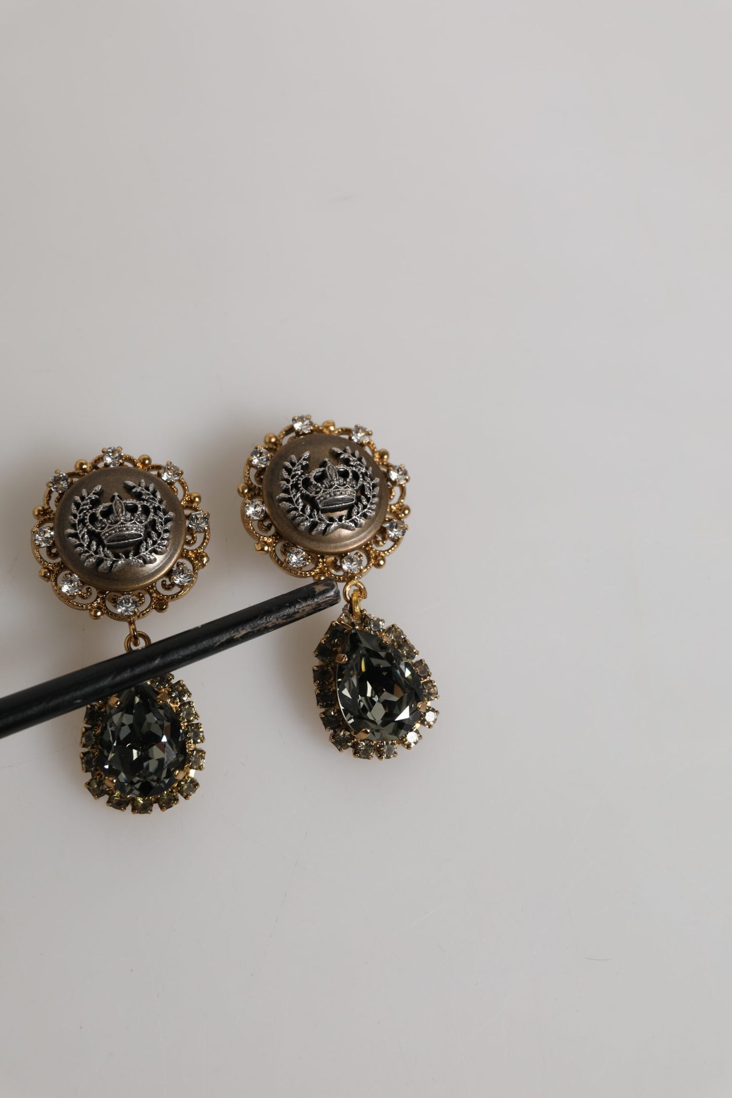 Gold Brass Crown Medallion Black Crystal Drop Clip On Earrings