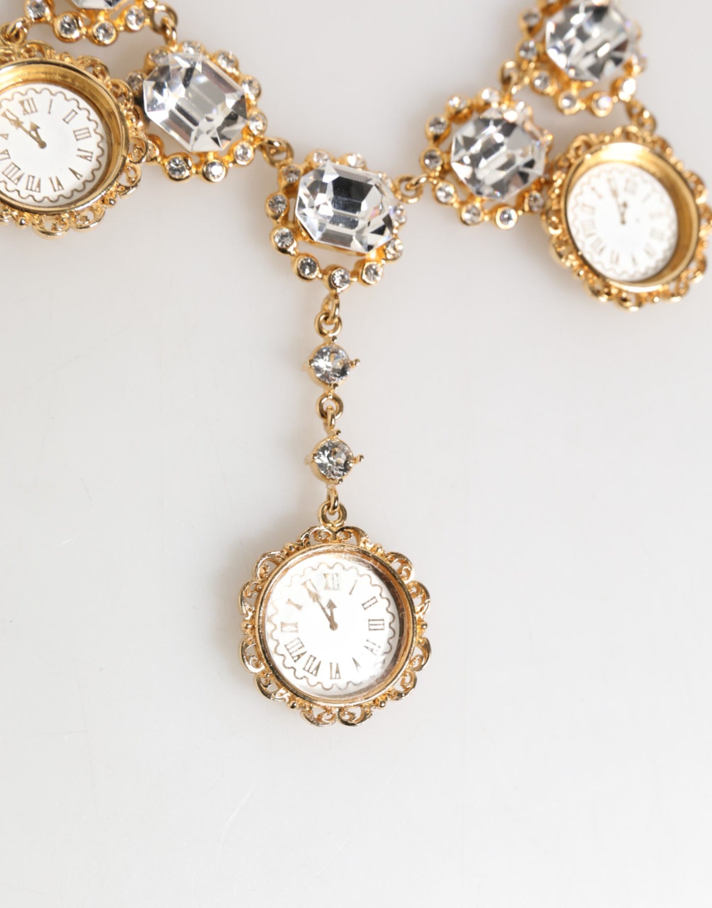Gold Crystal Clock Face Pendant Statement Jewelry Necklace