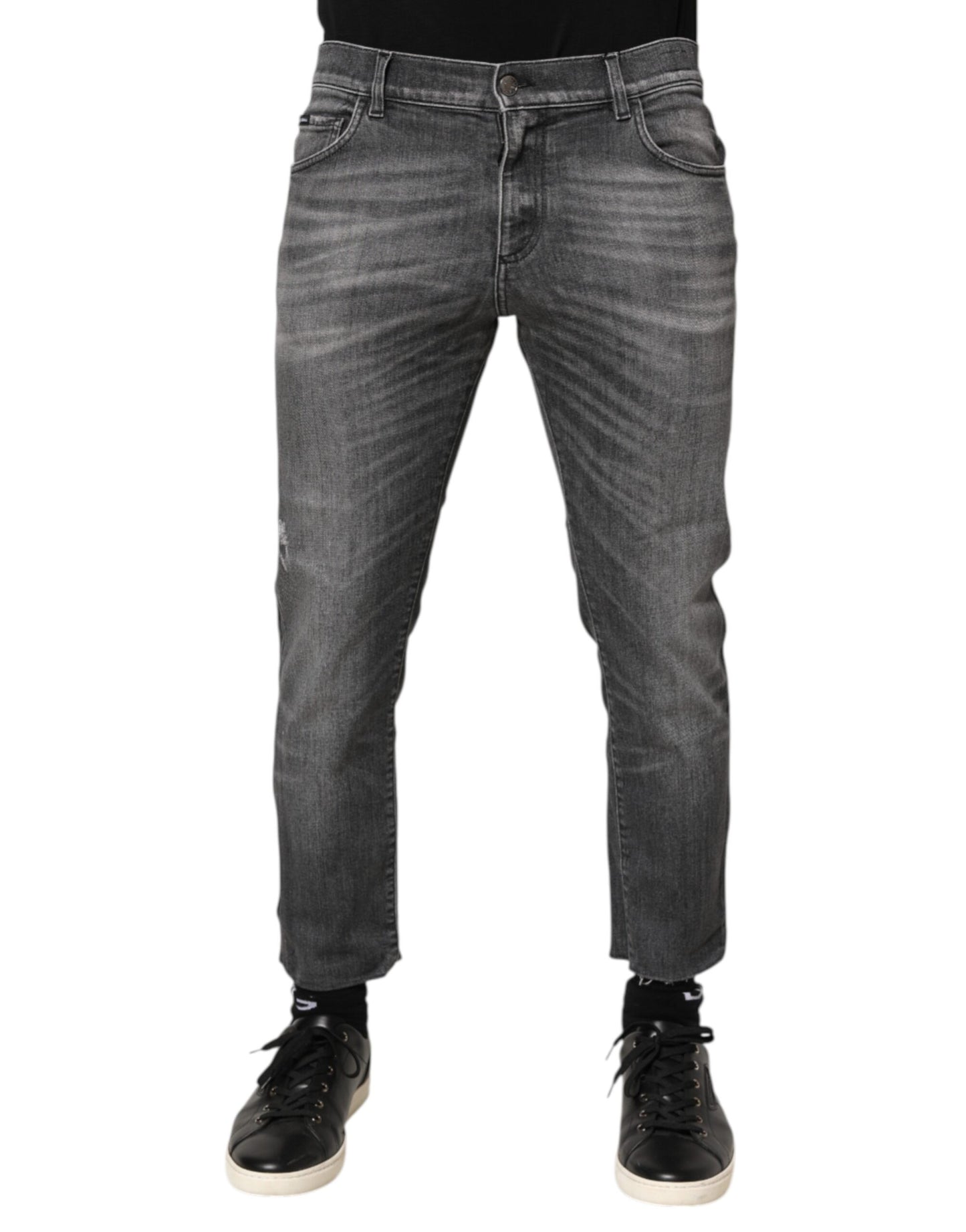 Grey Cotton Denim Slim Fit Distressed Pants Jeans