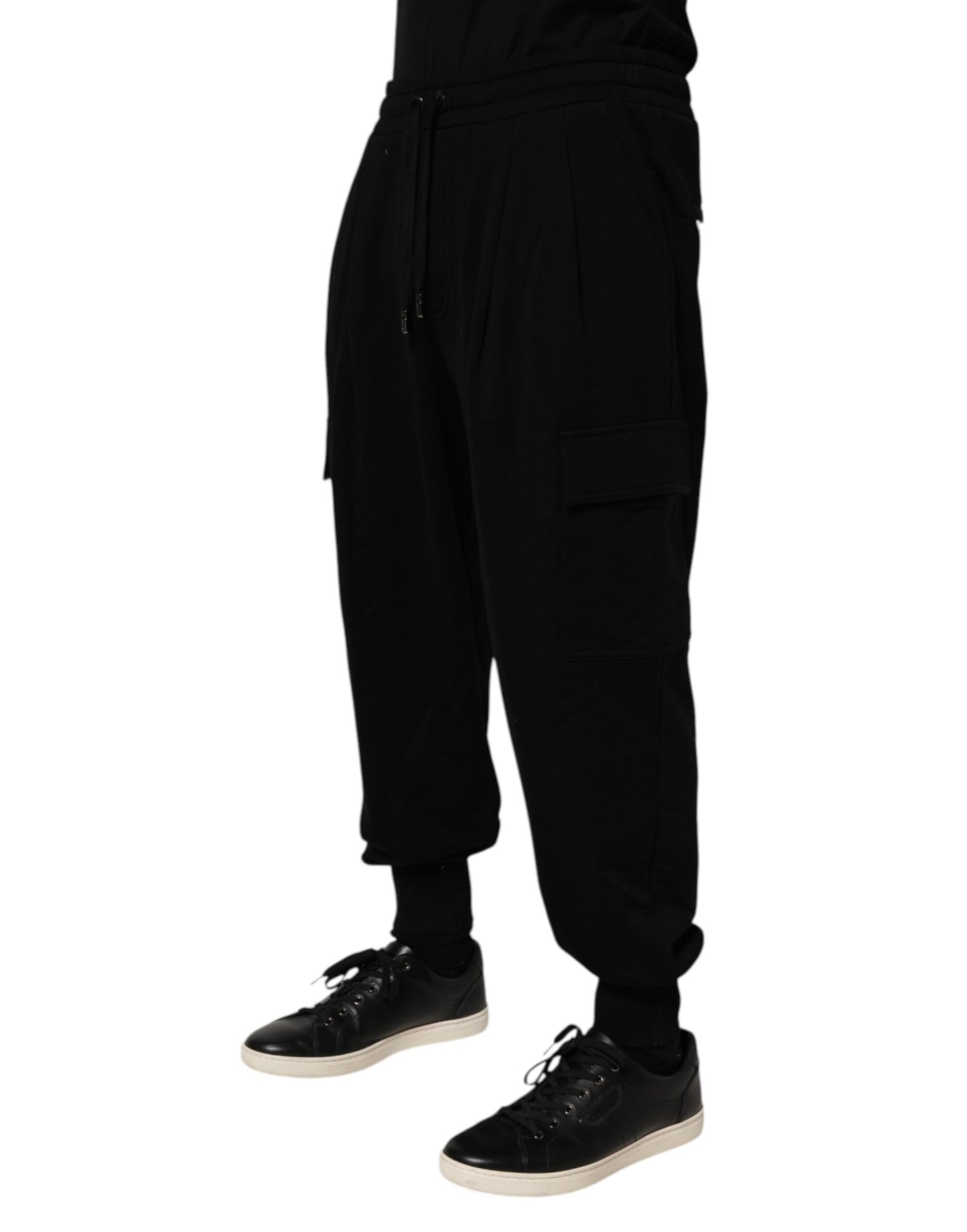 Black Cotton Blend Cargo Joggers Drawstring Pants