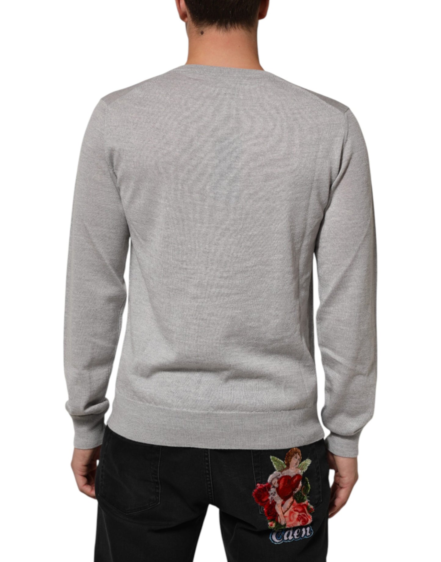 Gray Wool Knit Logo V-Neck Pullover Sweater