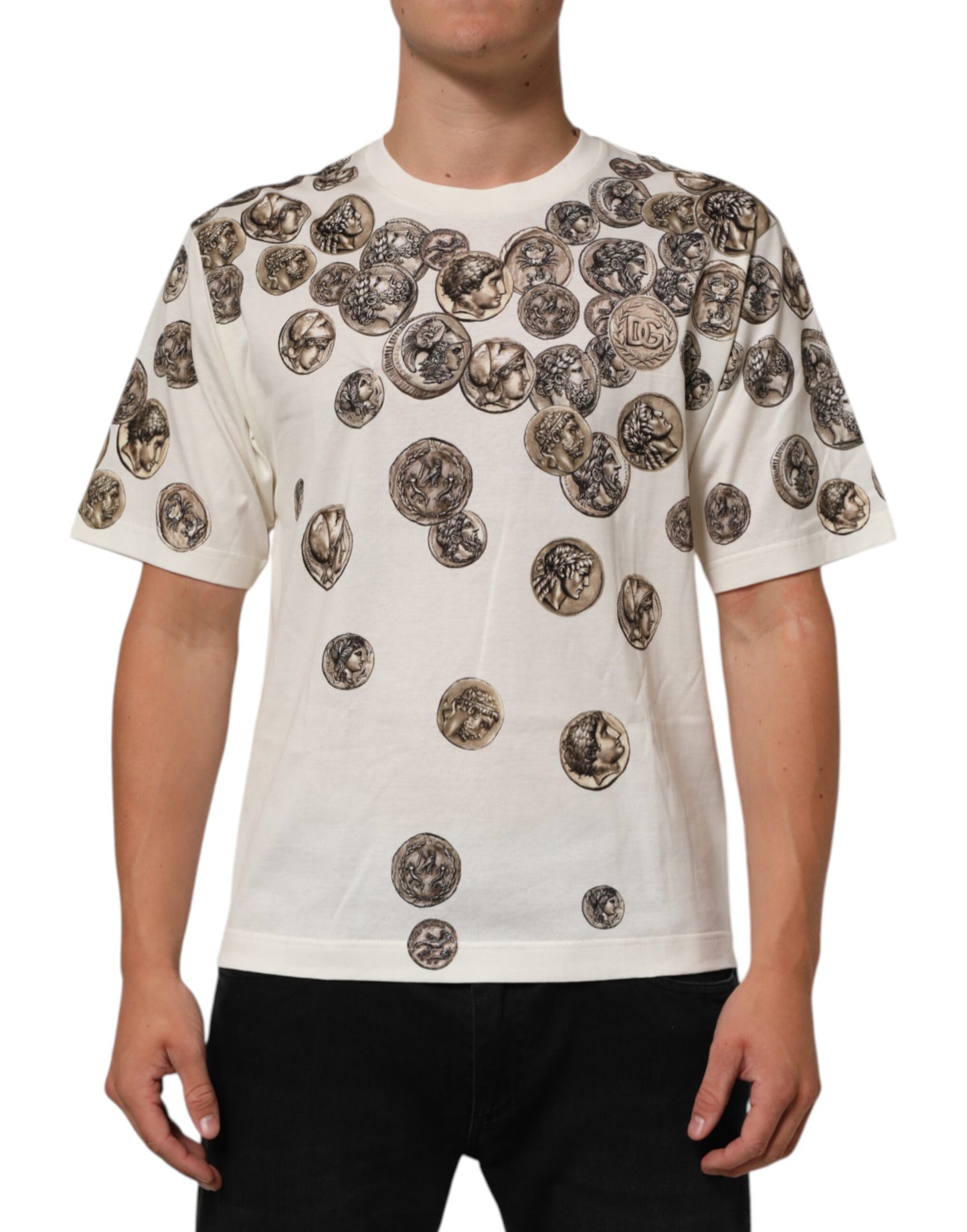 White Coin Print Cotton Crew Neck Men T-shirt