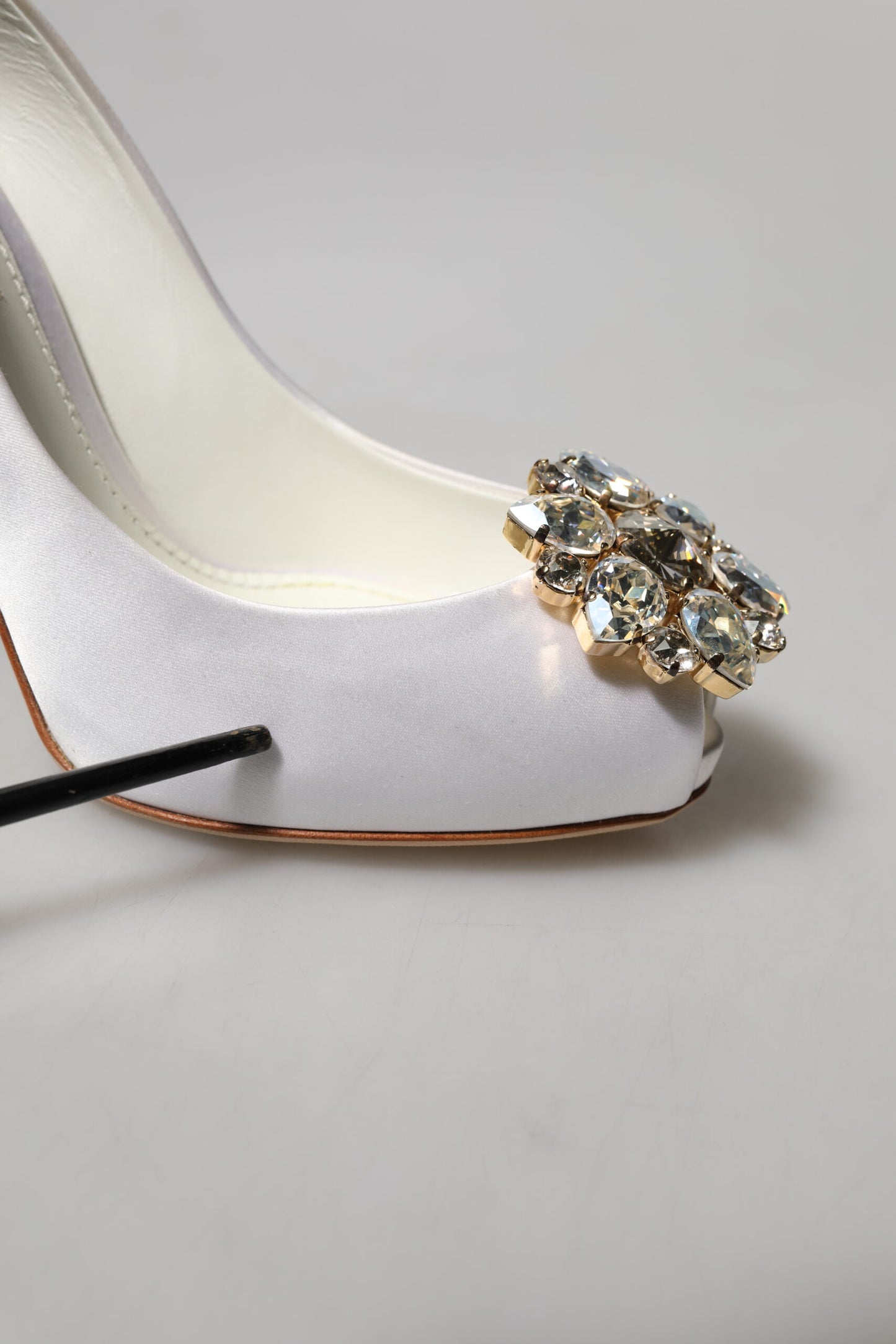 White Crystals Peep Toe Satin Pumps Shoes