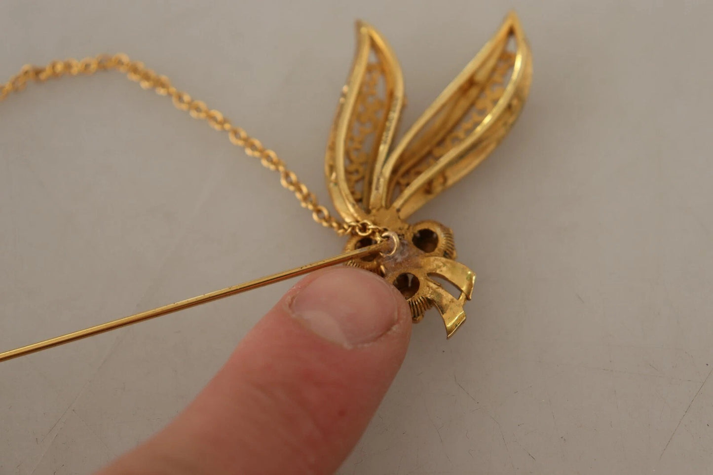 Gold Tone 925 Sterling Silver Crystal Chain Brooch