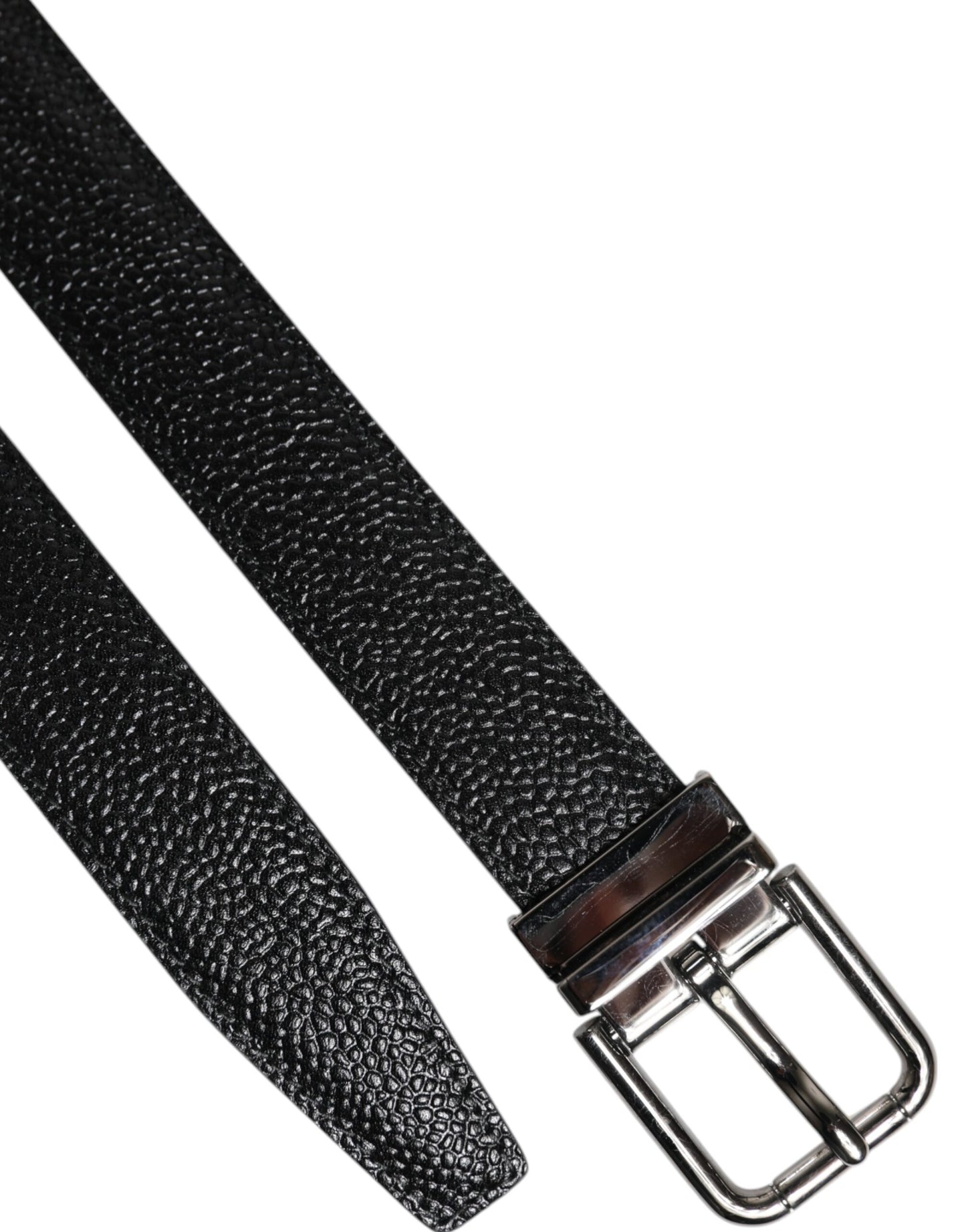 Black Textured Leather Silver Metal Buckle Men Belt