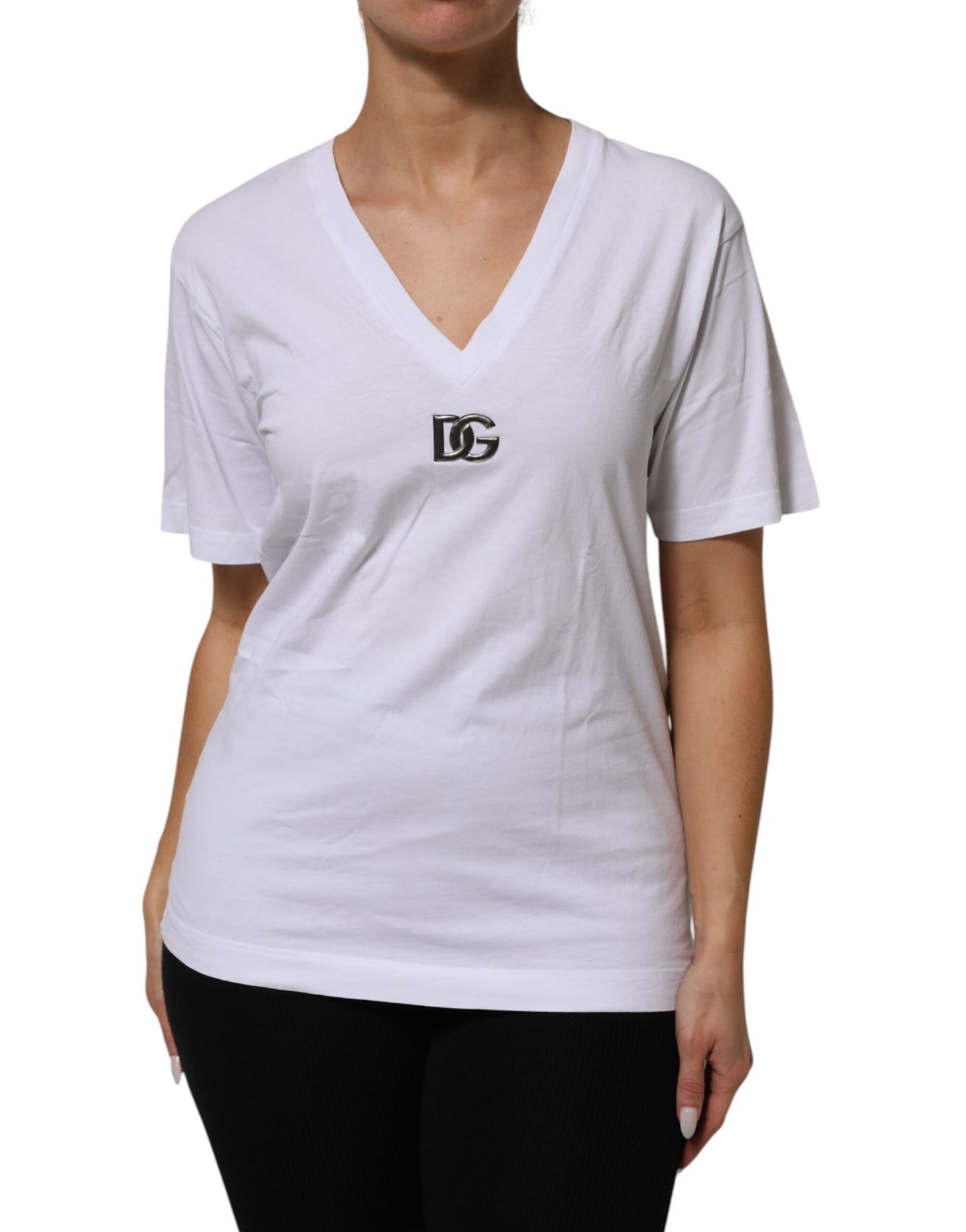 White Cotton V-Neck Short Sleeves T-Shirt