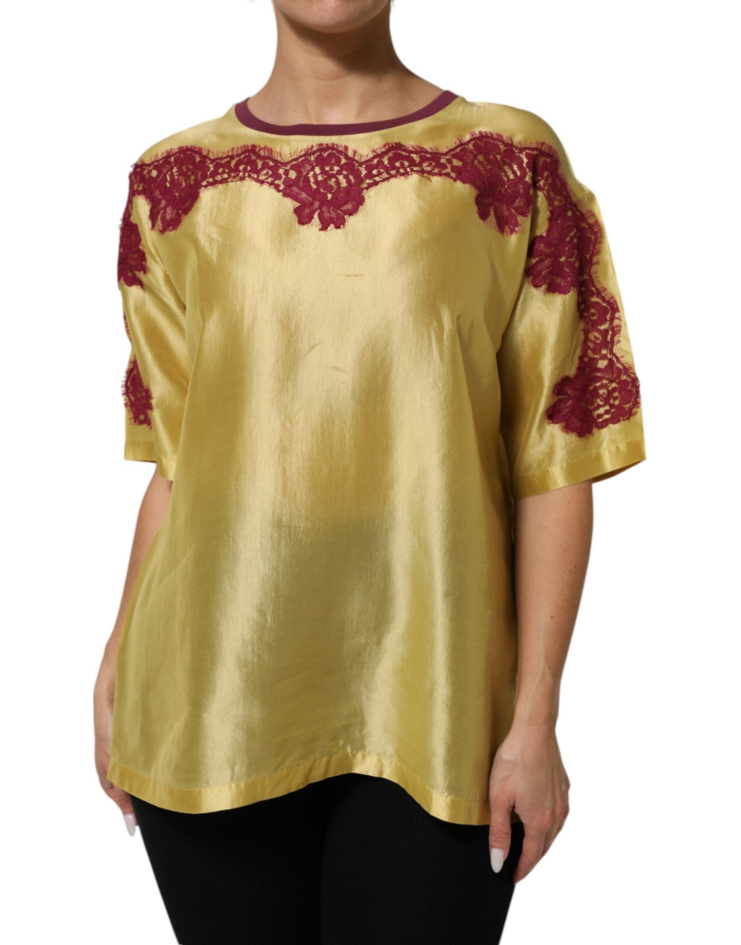 Yellow Silk Satin Floral Lace Short Sleeves Top
