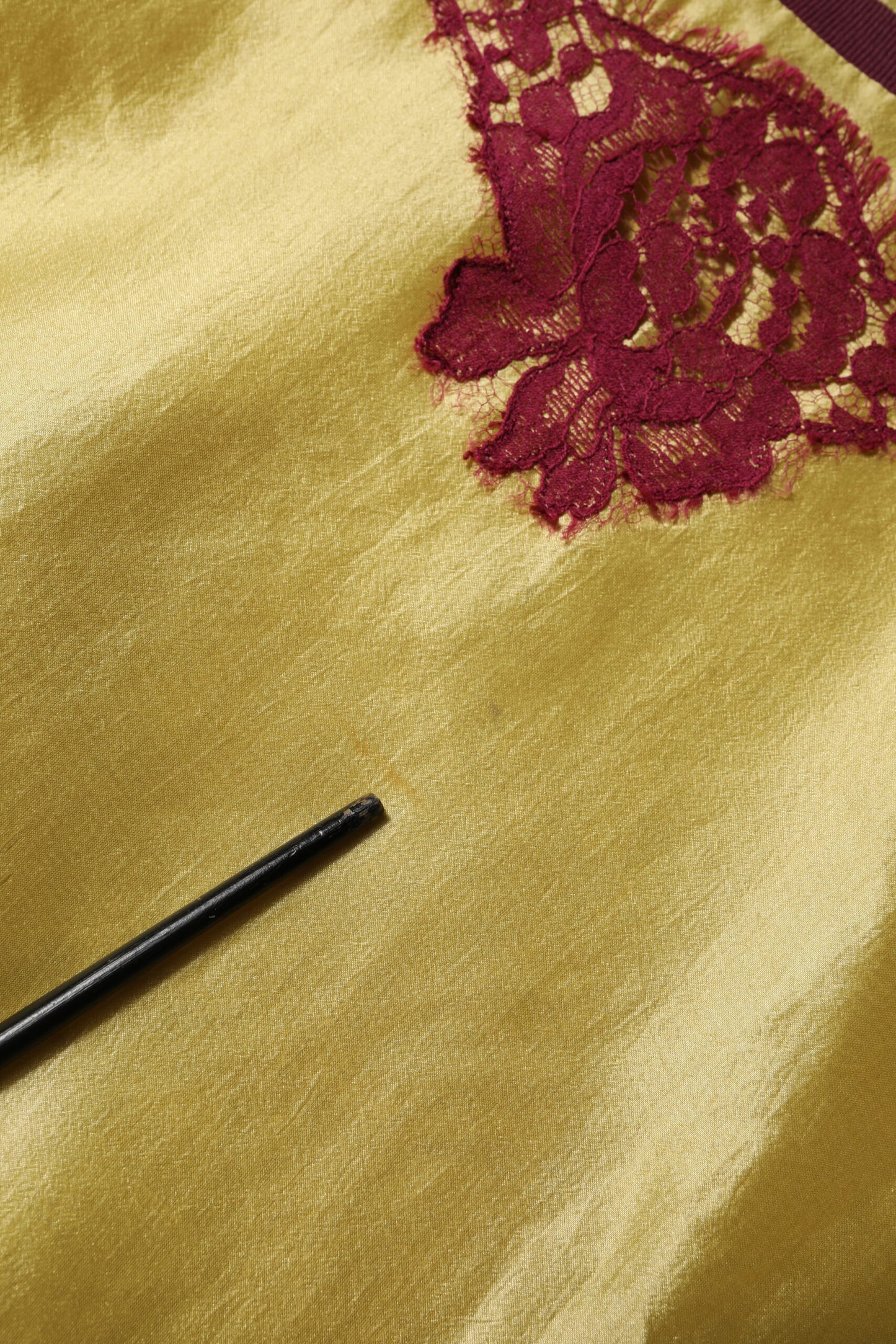 Yellow Silk Satin Floral Lace Short Sleeves Top