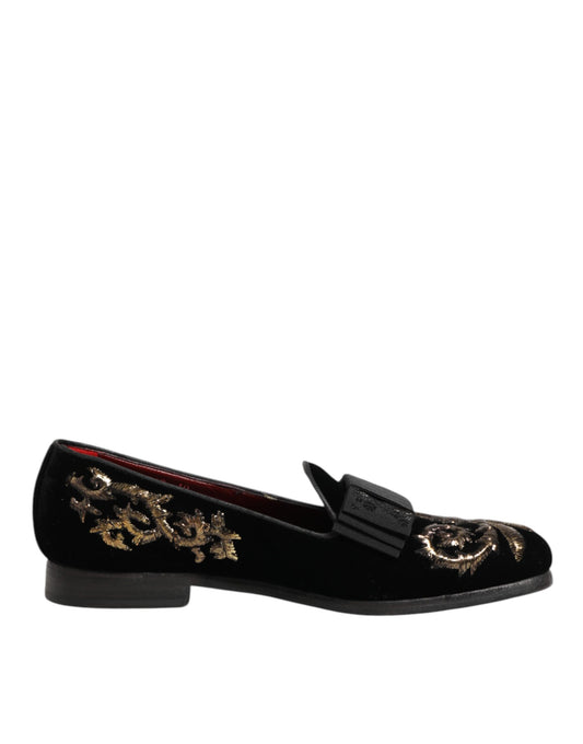 Black Velvet Embroidery Formal Loafers Shoes