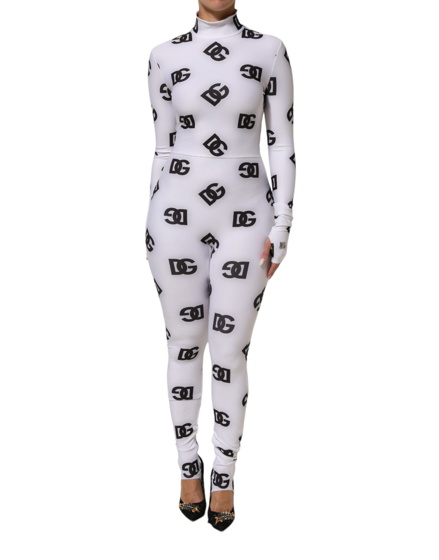 Black White Logo Monogram Long Sleeves Jumpsuit Dress