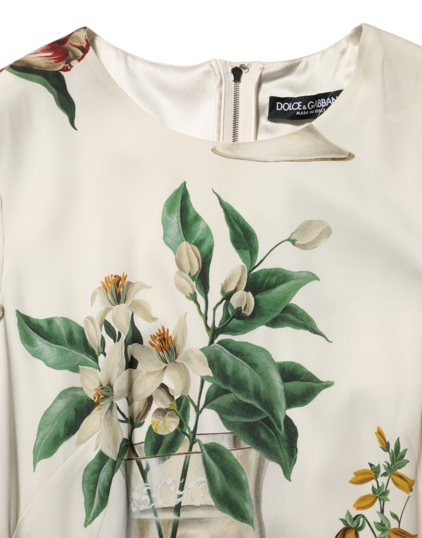 White Flower Vase Silk Sheath Midi Dress