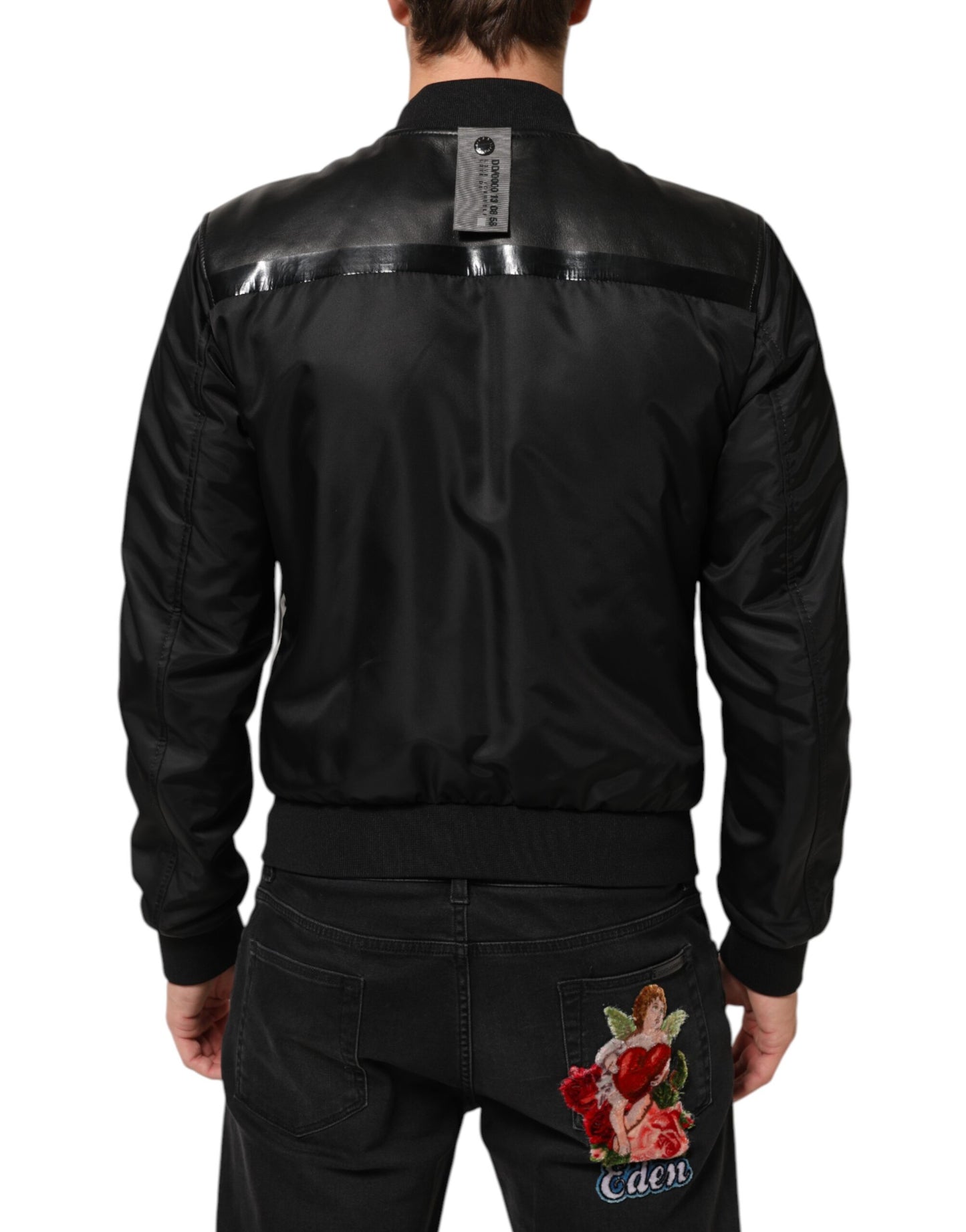 Black Leather Nylon FullZip Blouson Jacket