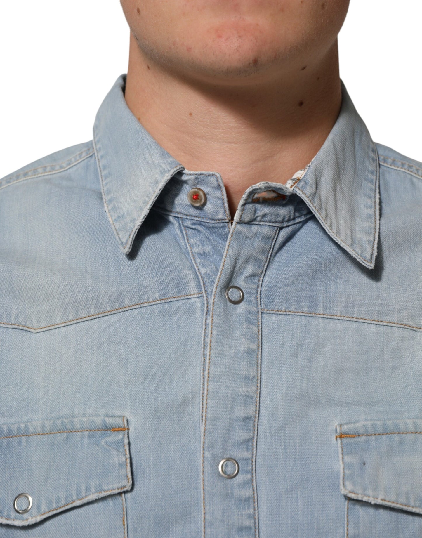 Blue Denim Collared Long Sleeve Men Shirt