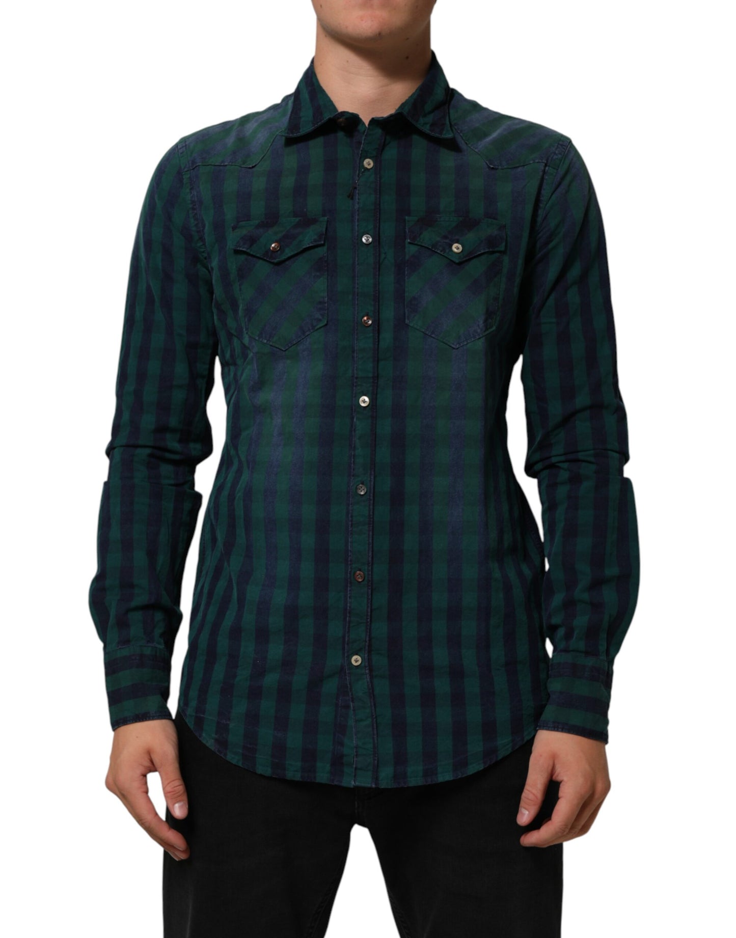 Green Checkered Cotton Button Down Long Sleeves Shirt