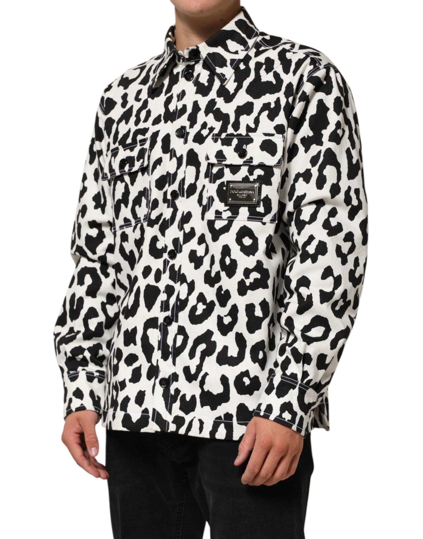 Black White Leopard Denim Blouson Sweater